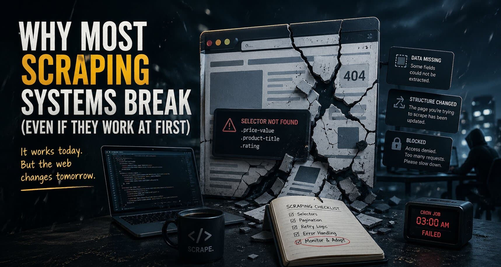 Abstract illustration representing web scraping, data flow, and fragile automation