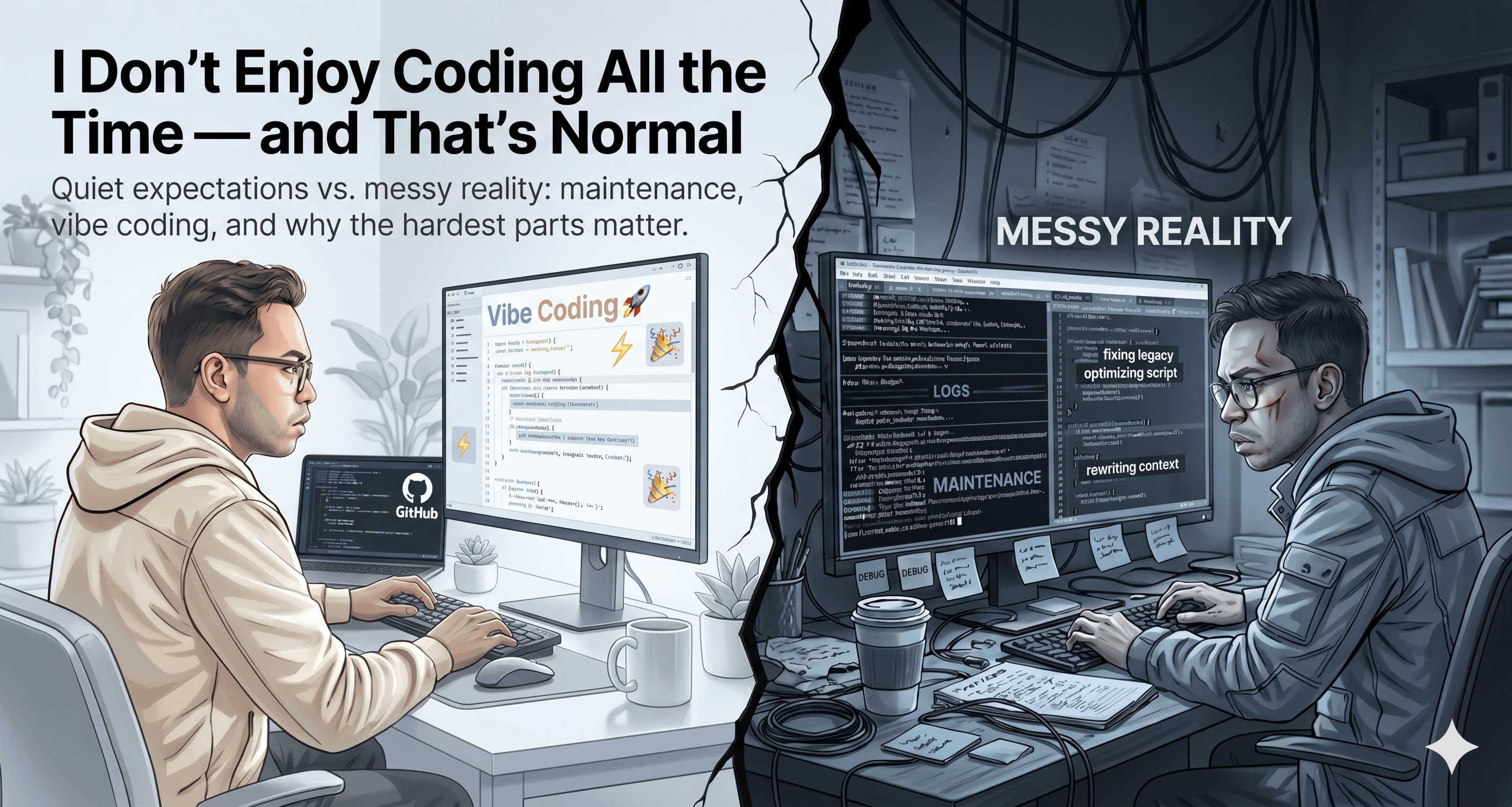 Illustration about enjoying coding sometimes—not always—and why that is normal for developers