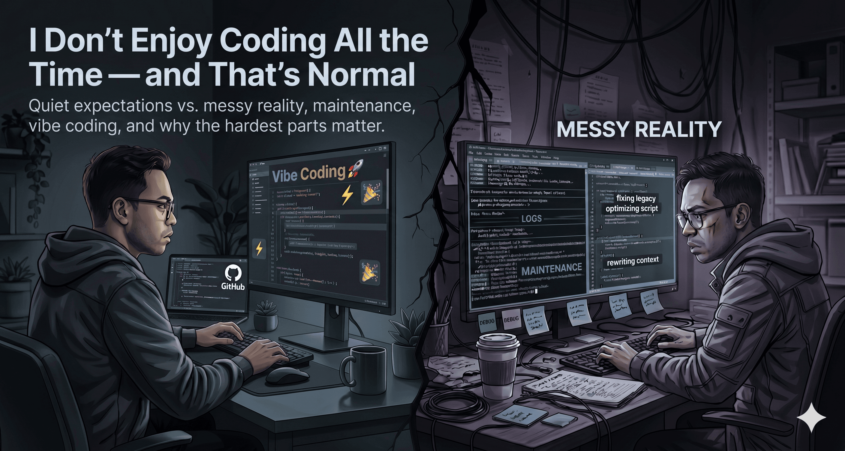 Illustration about enjoying coding sometimes—not always—and why that is normal for developers