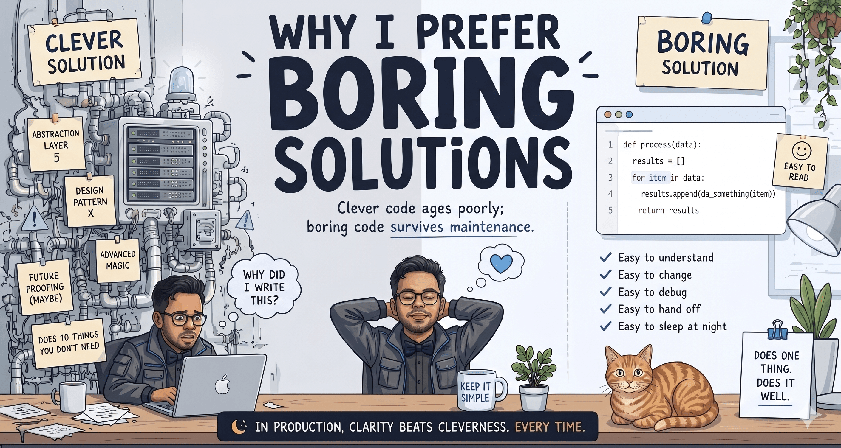Illustration about preferring boring solutions over clever ones—and why that is a good thing