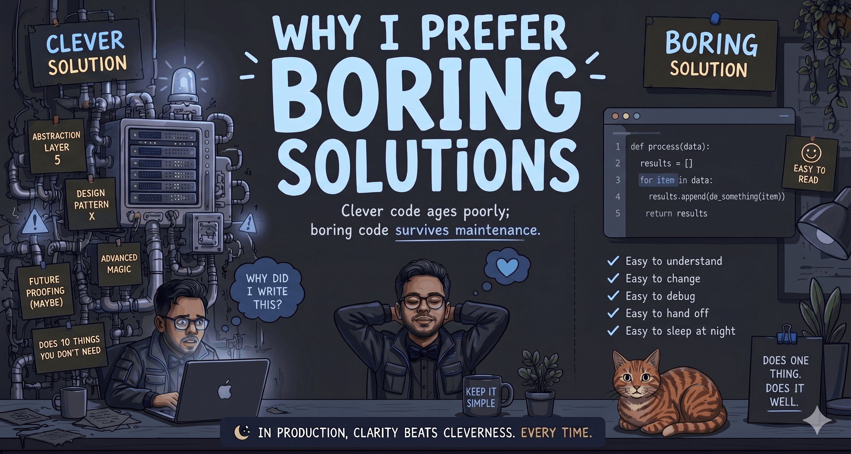 Illustration about preferring boring solutions over clever ones—and why that is a good thing