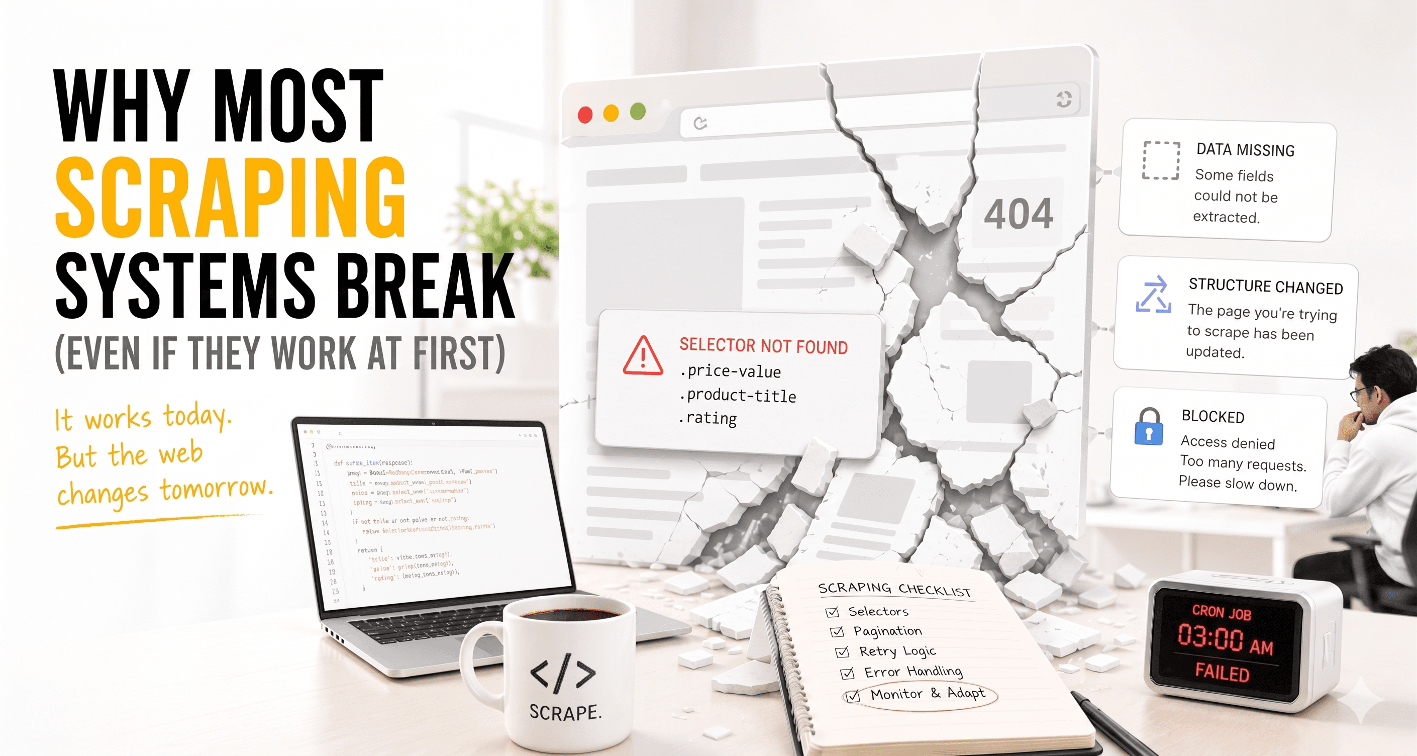 Abstract illustration representing web scraping, data flow, and fragile automation