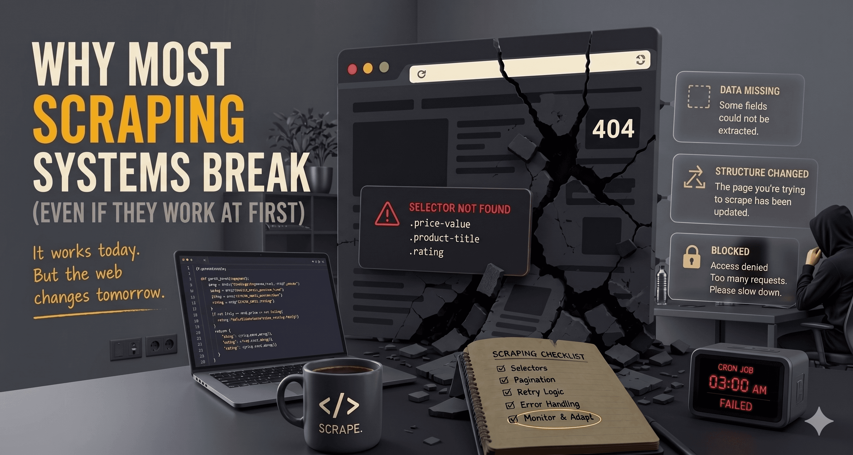 Abstract illustration representing web scraping, data flow, and fragile automation